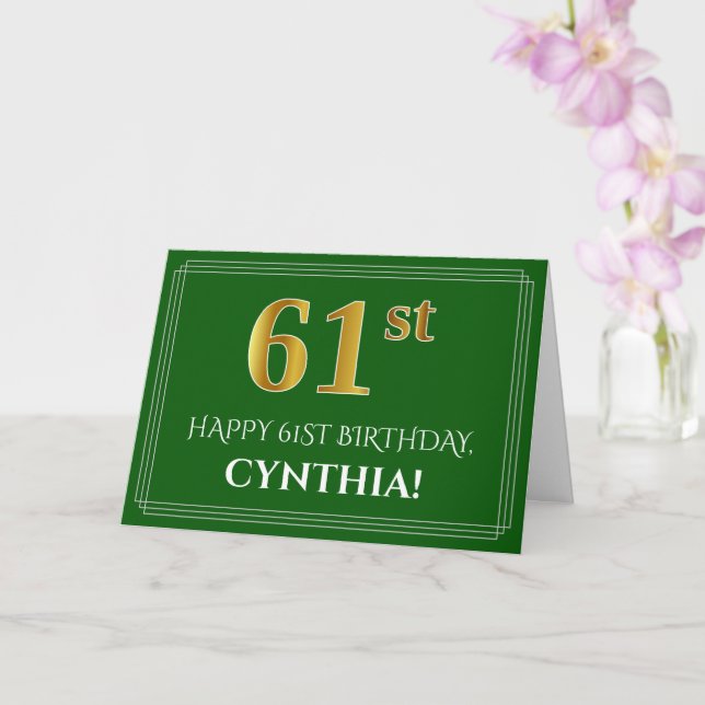 Elegant Faux Gold Look 61st Birthday, Name (Green) Card (Orchid)