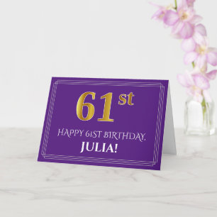 Elegant Faux Gold Look 61st Birthday, Name; Purple Card