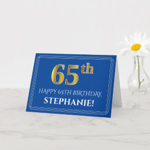 Elegant Faux Gold Look 65th Birthday, Name (Blue) Card