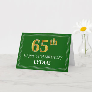 Elegant Faux Gold Look 65th Birthday, Name (Green) Card