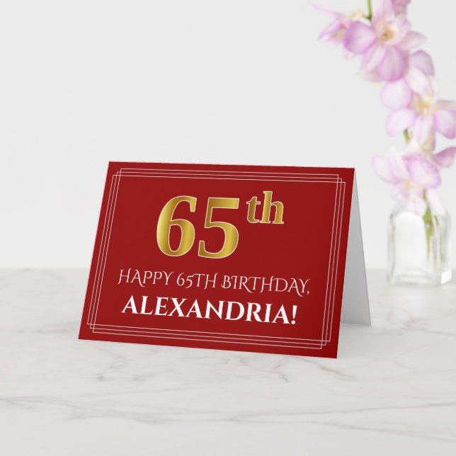 Elegant Faux Gold Look "65th" Birthday, Name (Red) Card (Orchid)