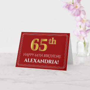 Elegant Faux Gold Look "65th" Birthday, Name (Red) Card