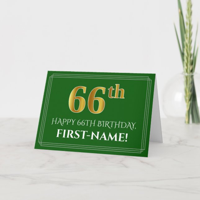 Elegant Faux Gold Look 66th Birthday, Name (Green) Card (Front)