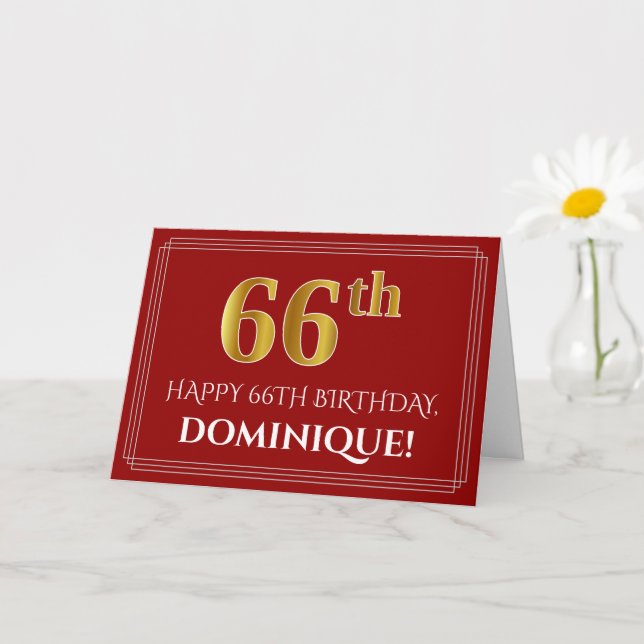 Elegant Faux Gold Look "66th" Birthday, Name (Red) Card (Small Plant)