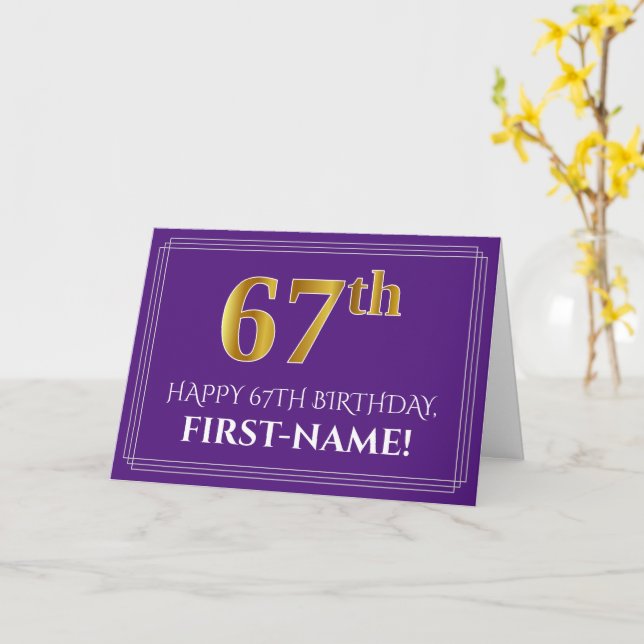 Elegant Faux Gold Look 67th Birthday, Name; Purple Card (Yellow Flower)