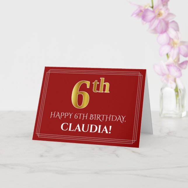 Elegant Faux Gold Look "6th" Birthday, Name (Red) Card (Orchid)