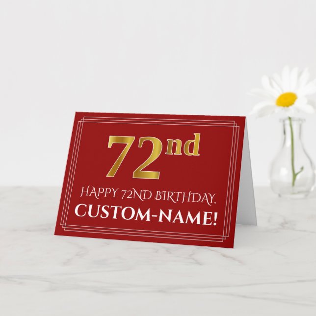 Elegant Faux Gold Look "72nd" Birthday, Name (Red) Card (Small Plant)
