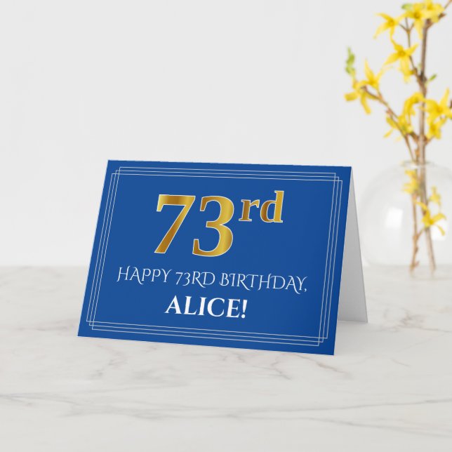 Elegant Faux Gold Look 73rd Birthday, Name (Blue) Card (Yellow Flower)