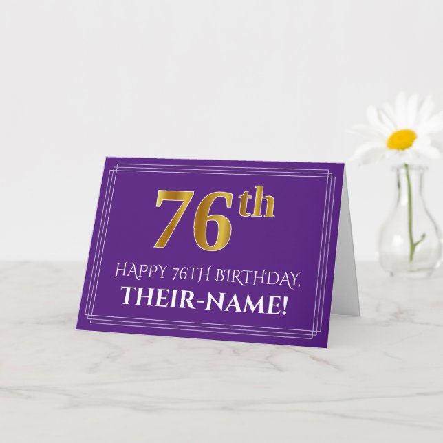 Elegant Faux Gold Look 76th Birthday, Name; Purple Card (Small Plant)