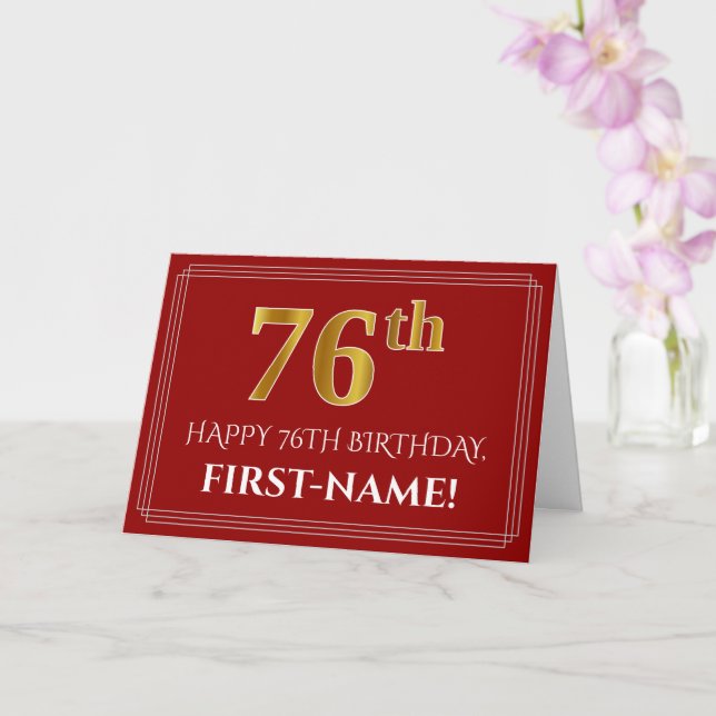 Elegant Faux Gold Look "76th" Birthday, Name (Red) Card (Orchid)