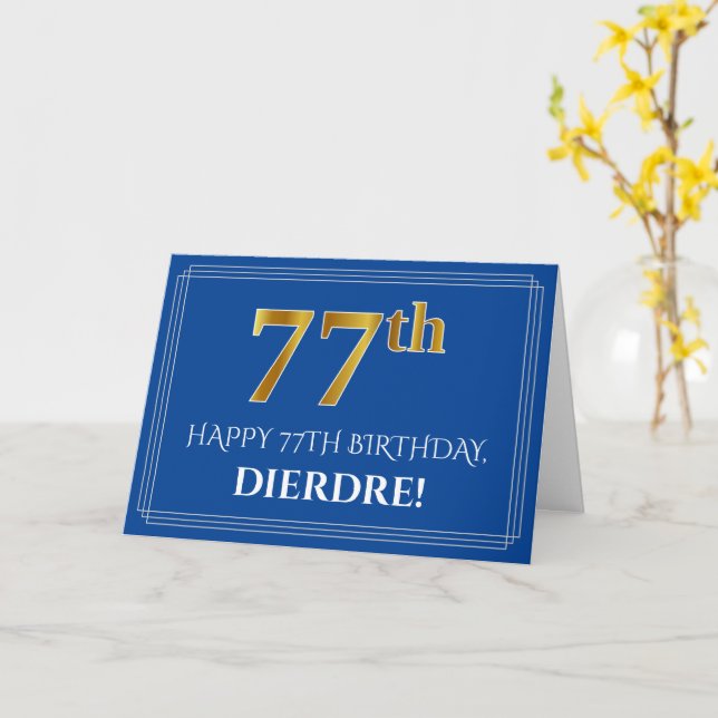 Elegant Faux Gold Look 77th Birthday, Name (Blue) Card (Yellow Flower)