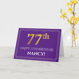 Elegant Faux Gold Look 77th Birthday, Name; Purple Card
