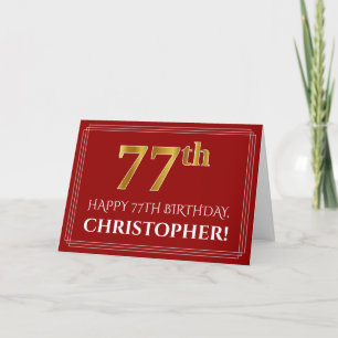 Elegant Faux Gold Look "77th" Birthday, Name (Red) Card