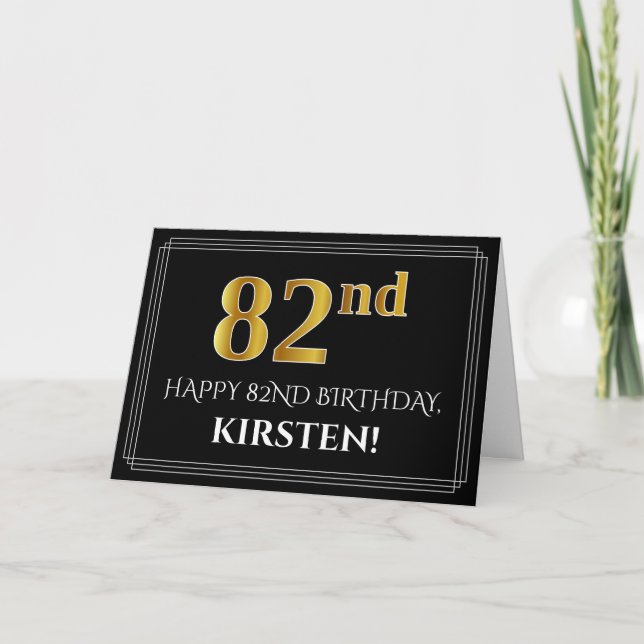 Elegant Faux Gold Look "82nd" Birthday + Name Card (Front)