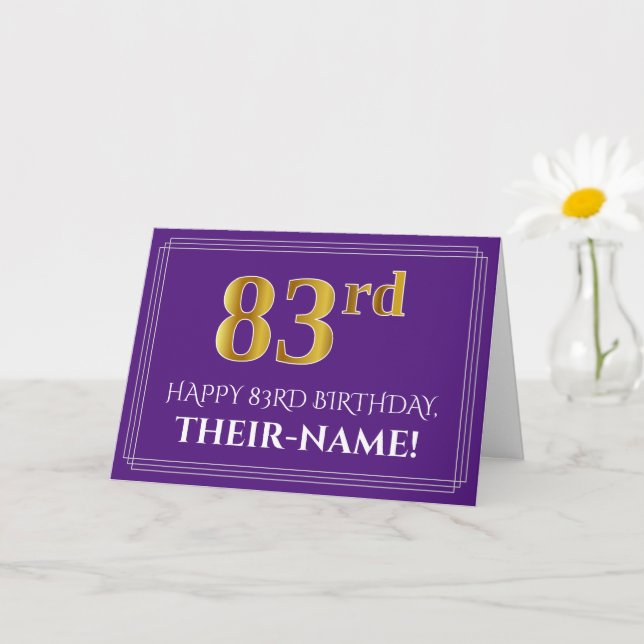 Elegant Faux Gold Look 83rd Birthday, Name; Purple Card (Small Plant)