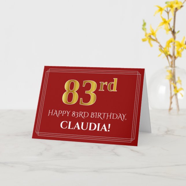 Elegant Faux Gold Look "83rd" Birthday, Name (Red) Card (Yellow Flower)