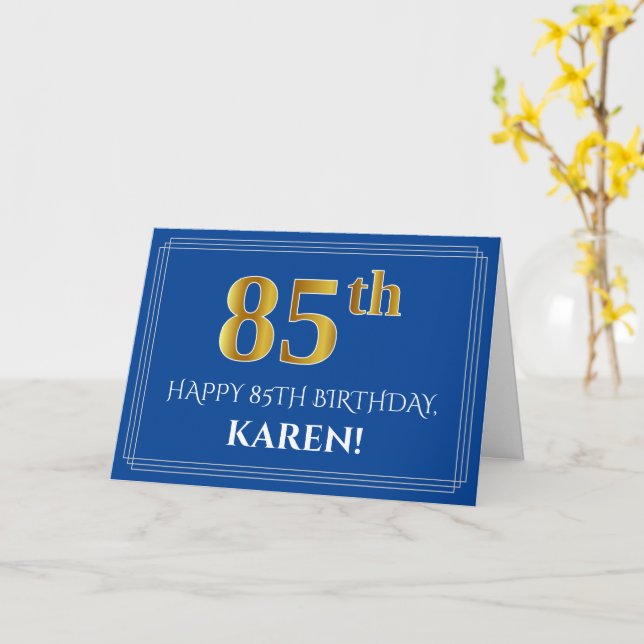 Elegant Faux Gold Look 85th Birthday, Name (Blue) Card (Yellow Flower)
