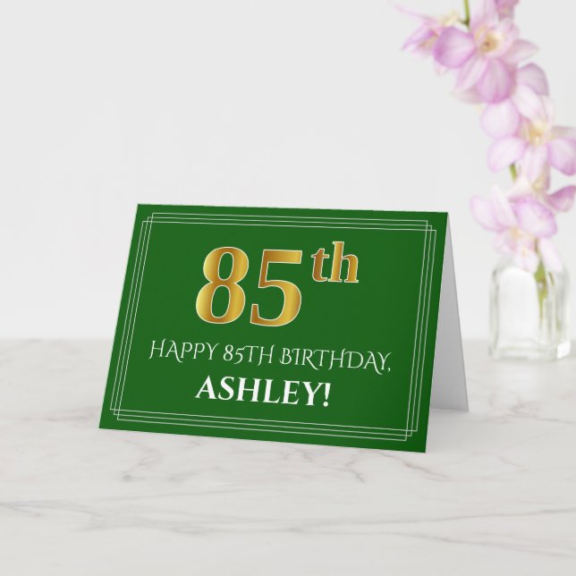 Elegant Faux Gold Look 85th Birthday, Name (Green) Card (Orchid)