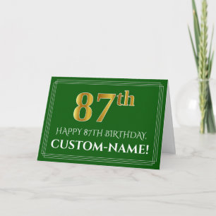 Elegant Faux Gold Look 87th Birthday, Name (Green) Card