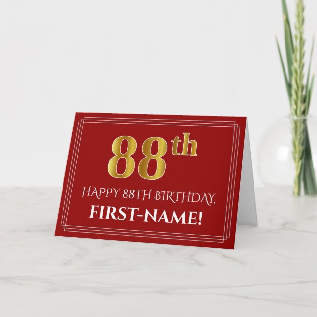 Elegant Faux Gold Look "88th" Birthday, Name (Red) Card (Front)