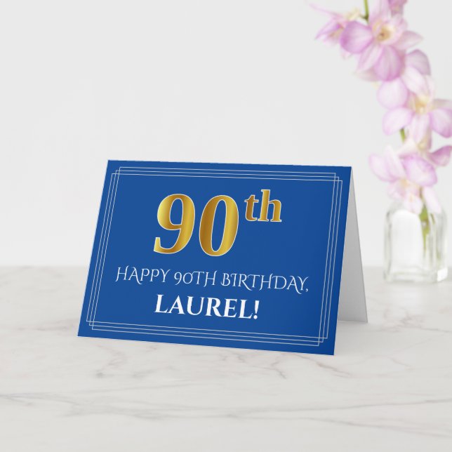 Elegant Faux Gold Look 90th Birthday, Name (Blue) Card (Orchid)