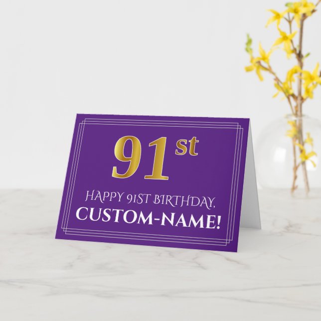 Elegant Faux Gold Look 91st Birthday, Name; Purple Card (Yellow Flower)