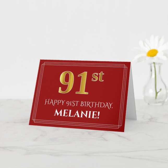 Elegant Faux Gold Look "91st" Birthday, Name (Red) Card (Small Plant)