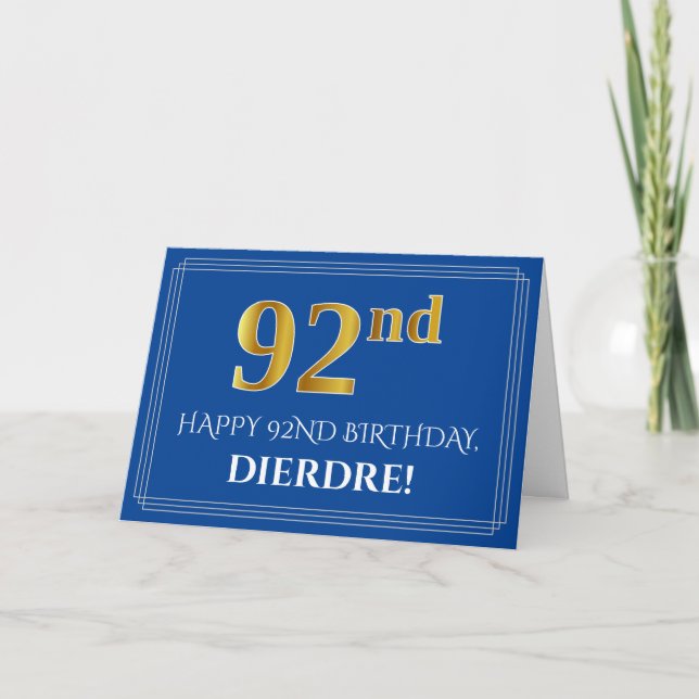 Elegant Faux Gold Look 92nd Birthday, Name (Blue) Card (Front)