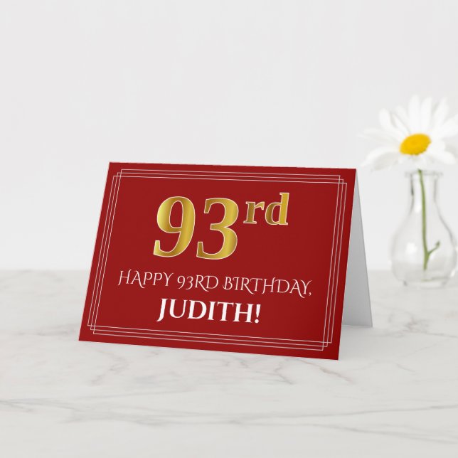 Elegant Faux Gold Look "93rd" Birthday, Name (Red) Card (Small Plant)