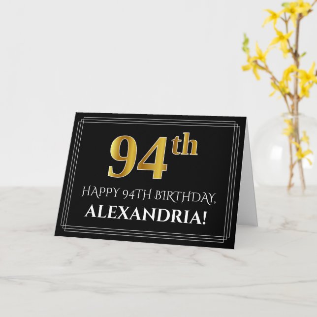 Elegant Faux Gold Look "94th" Birthday + Name Card (Yellow Flower)