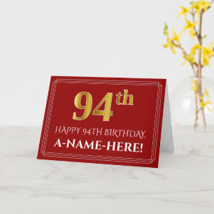 Elegant Faux Gold Look "94th" Birthday, Name (Red) Card