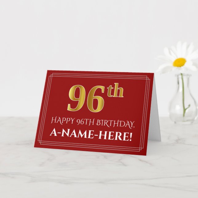 Elegant Faux Gold Look "96th" Birthday, Name (Red) Card (Small Plant)