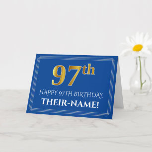 Elegant Faux Gold Look 97th Birthday, Name (Blue) Card