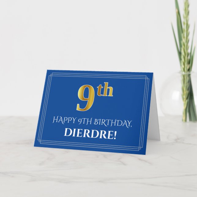 Elegant Faux Gold Look 9th Birthday, Name (Blue) Card (Front)