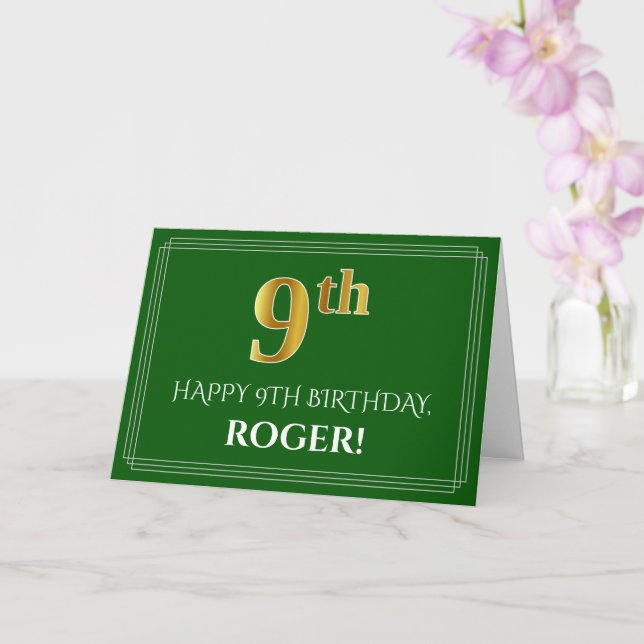 Elegant Faux Gold Look 9th Birthday, Name (Green) Card (Orchid)