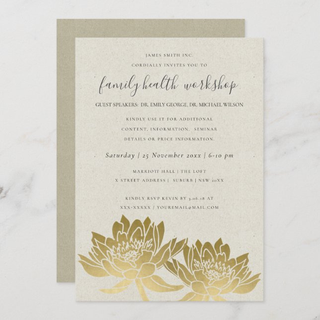 ELEGANT FAUX GOLD LOTUS KRAFT WORKSHOP EVENT INVITATION (Front/Back)