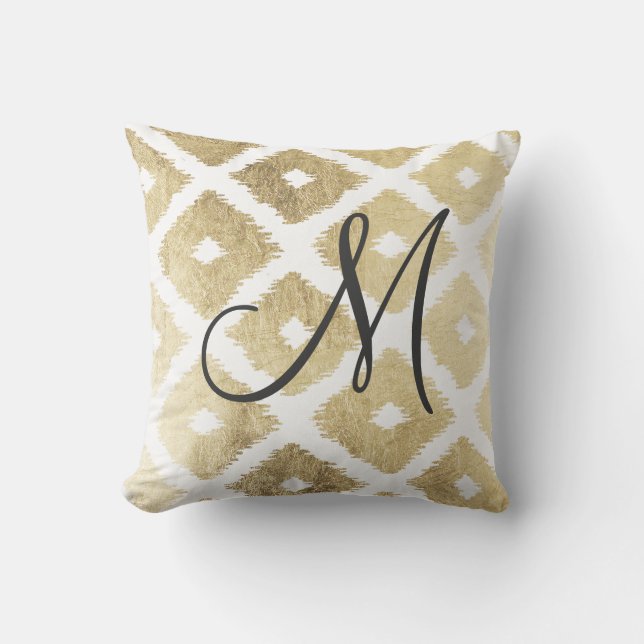 Elegant faux gold modern ikat pattern monogrammed outdoor cushion (Front)