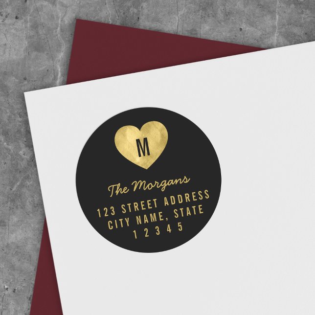 Elegant Faux Gold Monogram Heart Family Address Classic Round Sticker (Creator Uploaded)