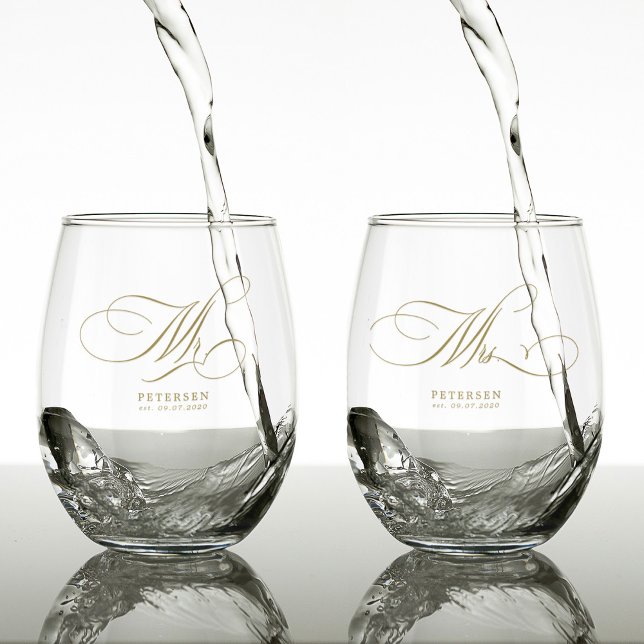 Elegant faux gold Mr and Mrs custom name wedding Stemless Wine Glass (Creator Uploaded)