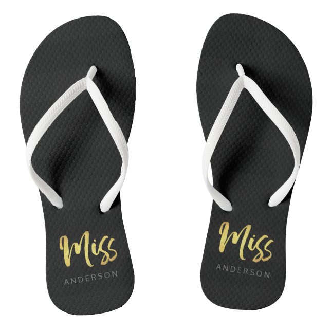 Elegant Faux Gold Name Miss Black Stripes Thongs (Footbed)