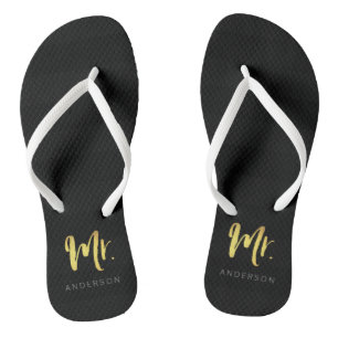 Elegant Faux Gold Name Mr Black Stripes Thongs