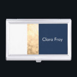 elegant faux gold, navy blue, white stripes business card holder<br><div class="desc">Modern and elegant faux gold,  navy blue and white stripes.</div>