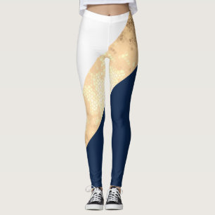 elegant faux gold, navy blue, white stripes leggings