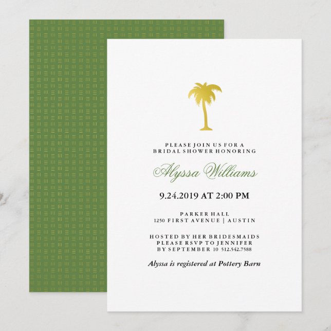Elegant Faux Gold Palm Tree Bridal Shower | Green Invitation (Front/Back)