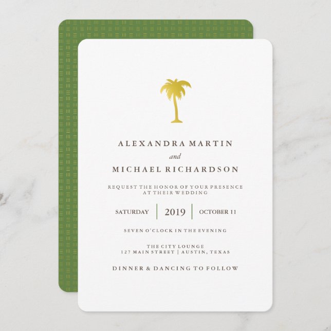Elegant Faux Gold Palm Tree Wedding | Green Invitation (Front/Back)