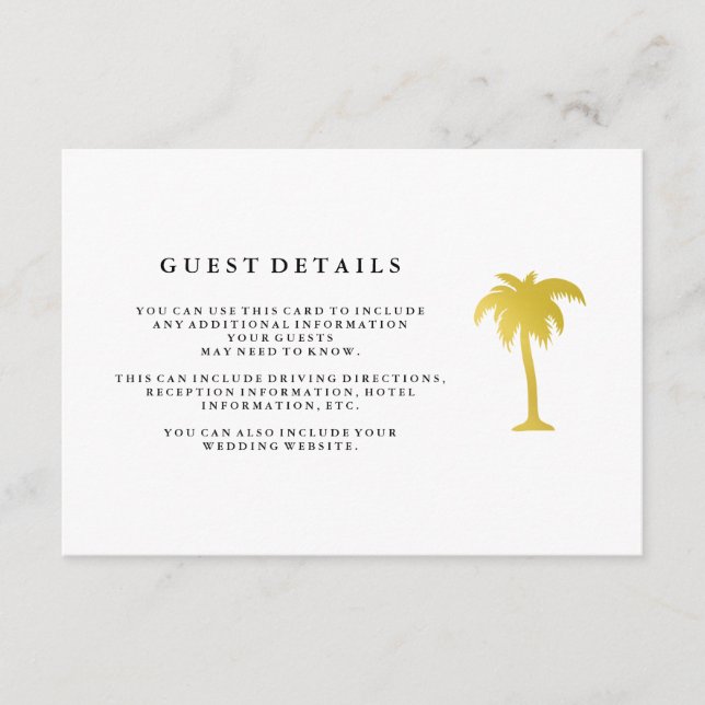 Elegant Faux Gold Palm Tree Wedding Guest Details Enclosure Card (Front)