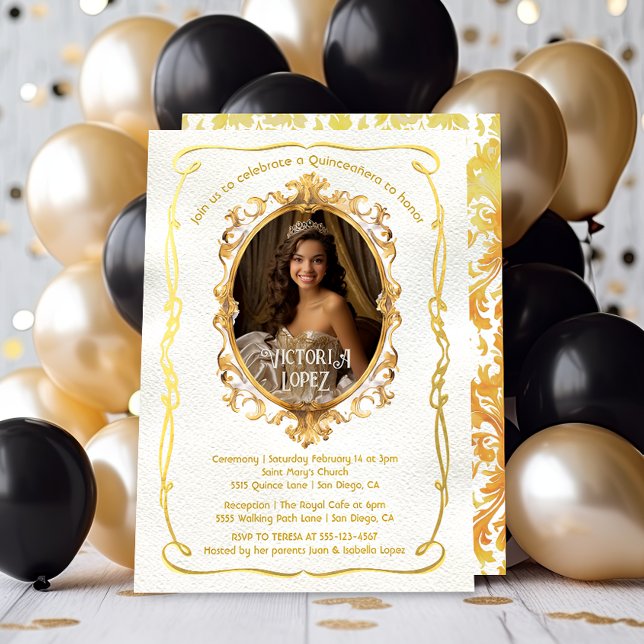 Elegant faux gold photo royal quinceanera birthday invitation (Creator Uploaded)