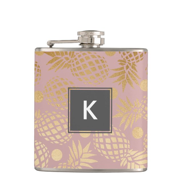 elegant faux gold pineapple pattern polka dots hip flask (Front)