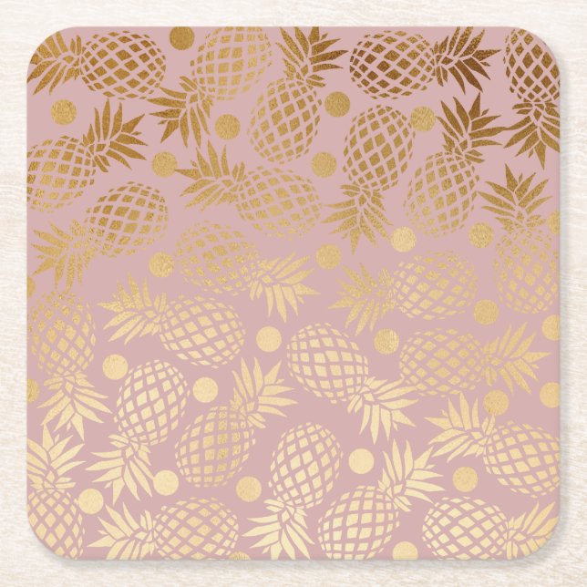 elegant faux gold pineapple pattern polka dots square paper coaster (Front)