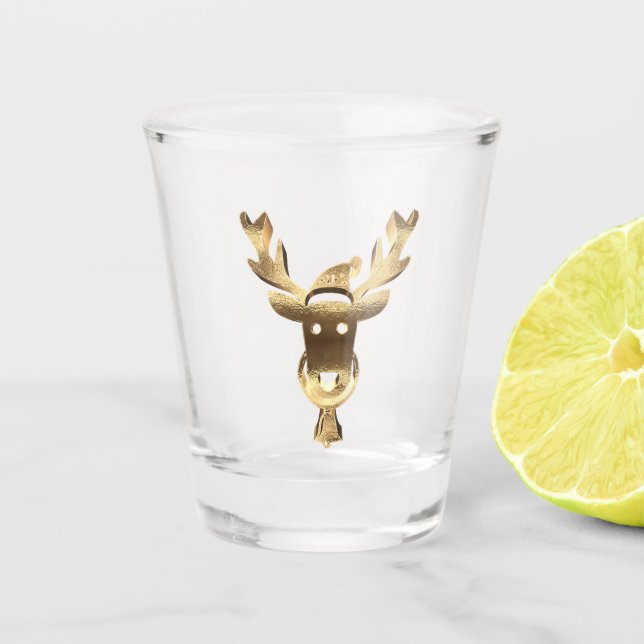 Elegant Faux Gold Reindeer Santa Hat Christmas Shot Glass (Front)